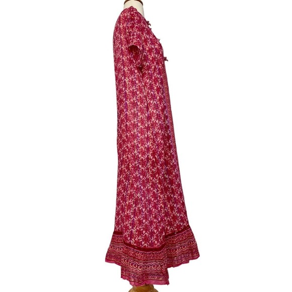 Vintage Metallic Sheer Chiffon Pink Floral Boho Button Up Maxi Kaftan Dress OS - Picture 7 of 12